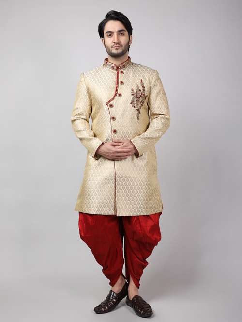 golden silk brocade sherwani ethnic wear set - 18473039 -  Standard Image - 0