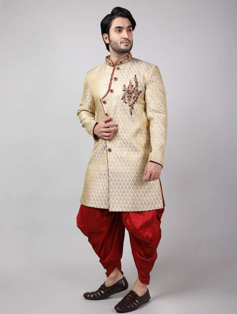 golden silk brocade sherwani ethnic wear set - 18473039 - Standard Image - 2