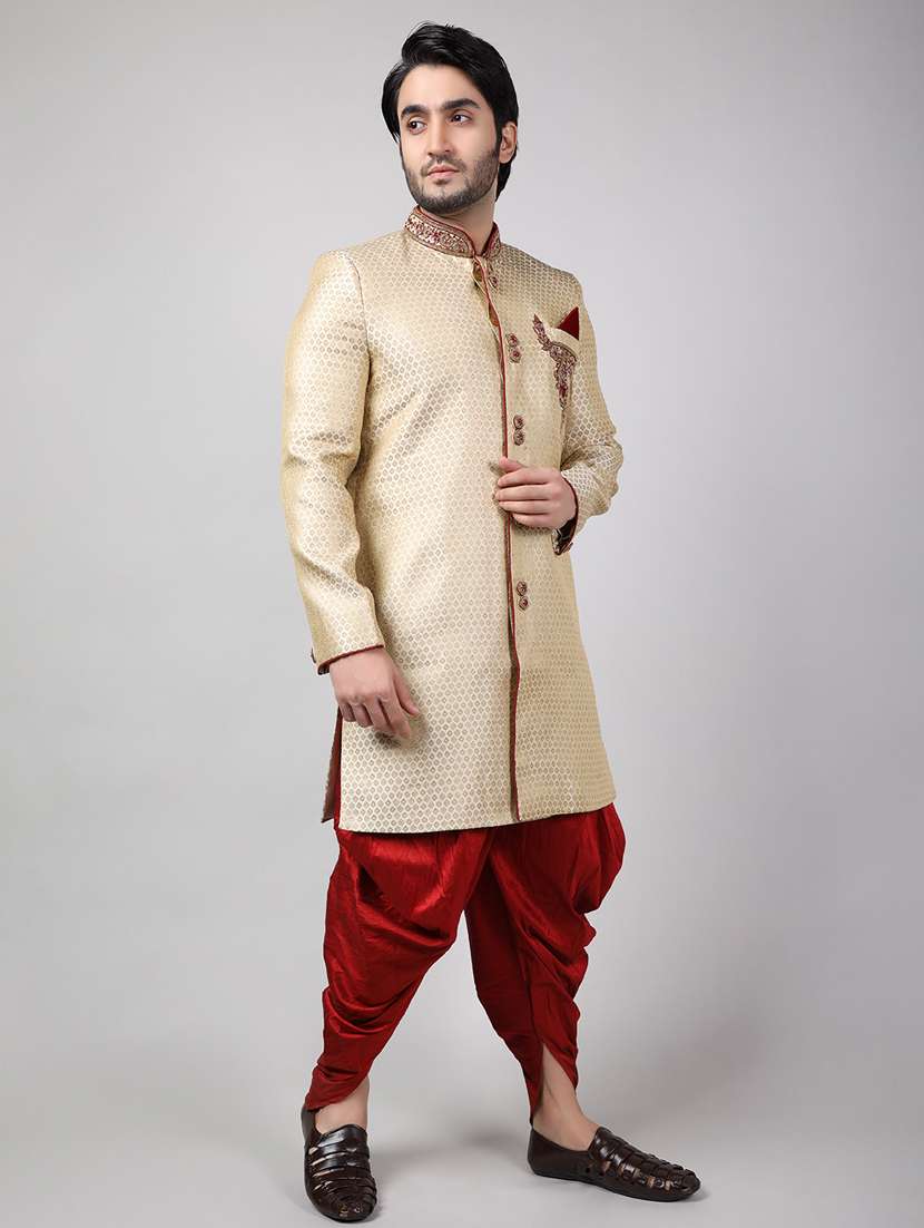 golden silk brocade sherwani ethnic wear set - 18473040 -  Standard Image - 2