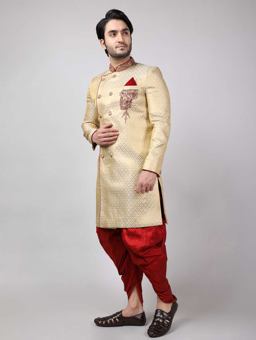 golden silk brocade sherwani ethnic wear set - 18473041 - Standard Image - 2