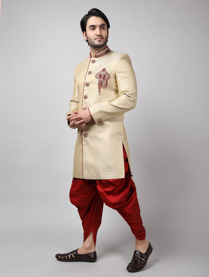 golden silk brocade sherwani ethnic wear set - 18473043 - Standard Image - 2