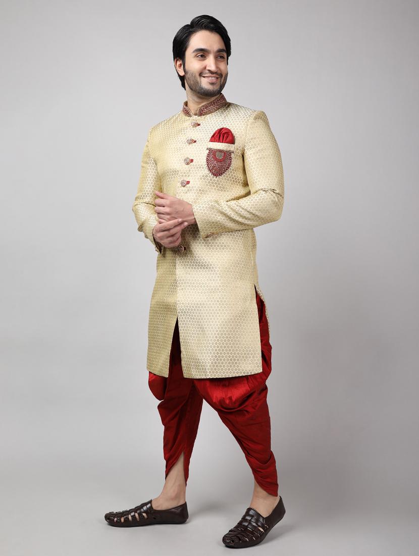 golden silk brocade sherwani ethnic wear set - 18473044 - Standard Image - 2