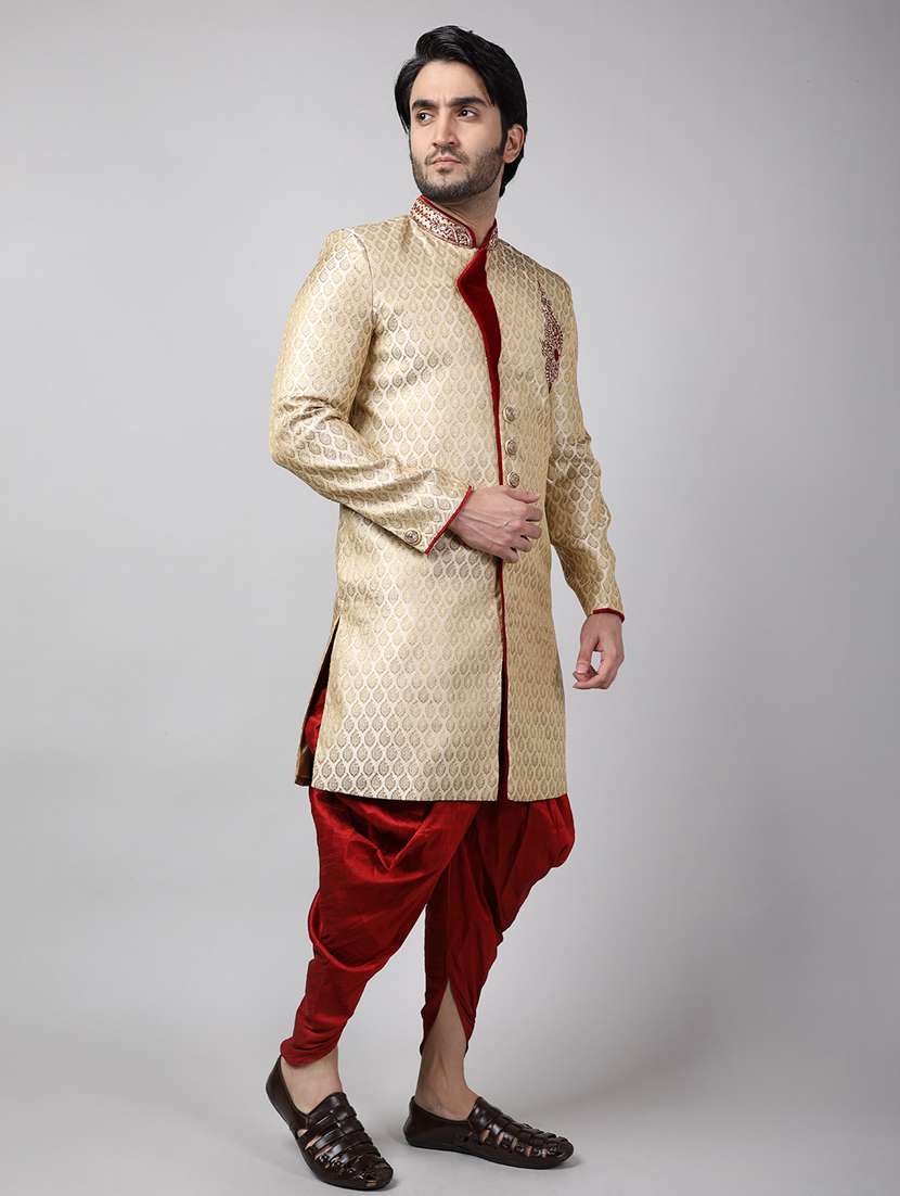 golden silk brocade sherwani ethnic wear set - 18473046 -  Standard Image - 2