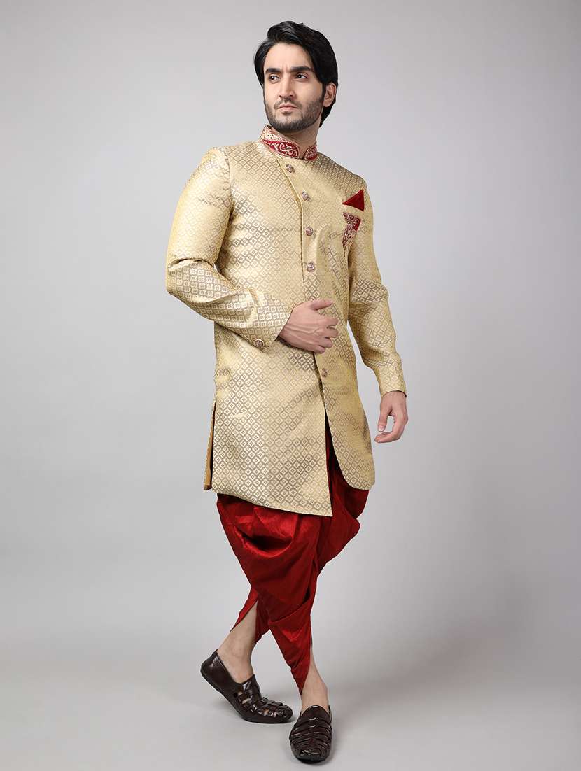 golden silk brocade sherwani ethnic wear set - 18473047 - Standard Image - 2