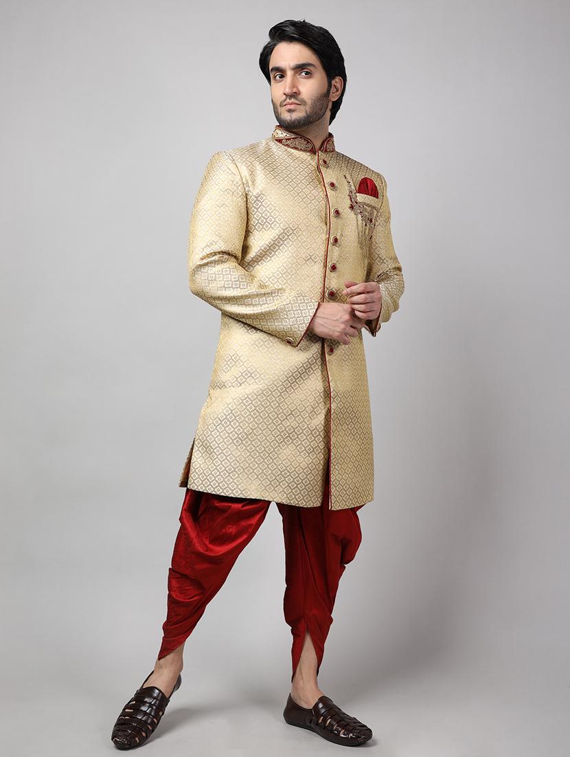 golden silk brocade sherwani ethnic wear set - 18473049 - Standard Image - 2