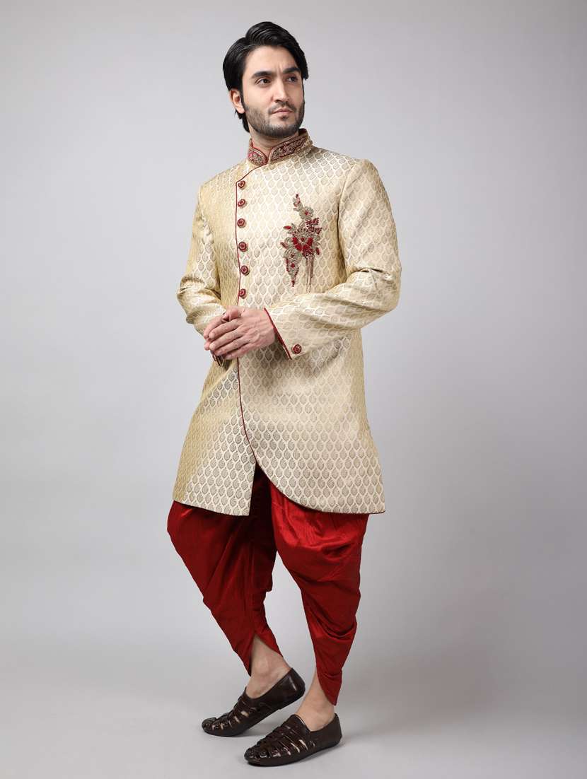 golden silk brocade sherwani ethnic wear set - 18473050 -  Standard Image - 2