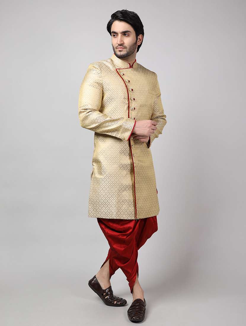 golden silk brocade sherwani ethnic wear set - 18473051 -  Standard Image - 2