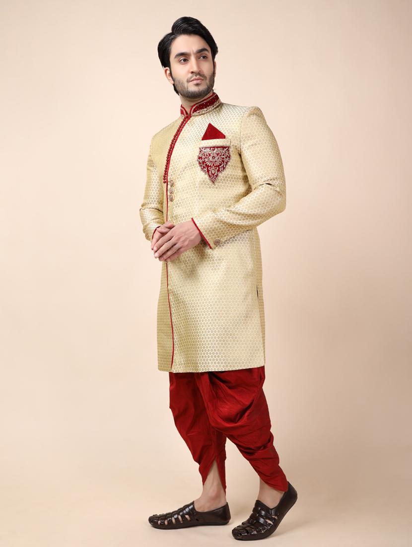 golden silk brocade sherwani ethnic wear set - 18473052 - Standard Image - 2