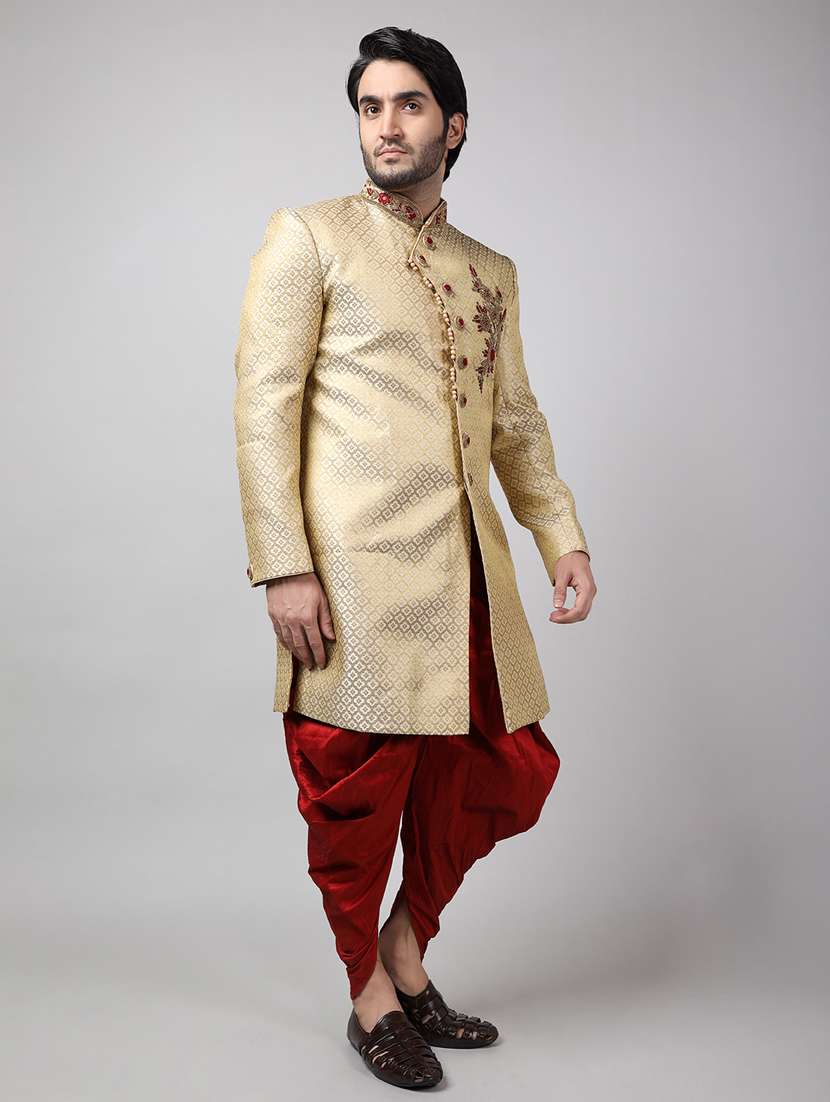 golden silk brocade sherwani ethnic wear set - 18473053 -  Standard Image - 2
