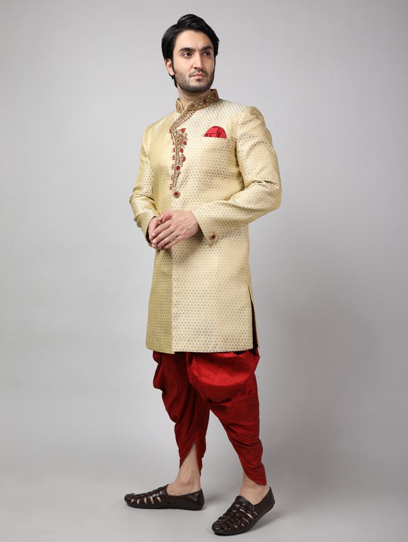 golden silk brocade sherwani ethnic wear set - 18473054 - Standard Image - 2
