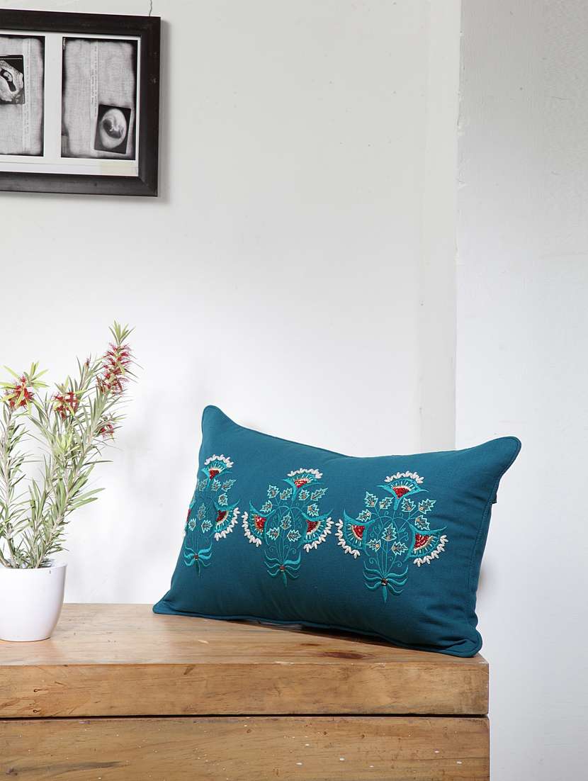 blanc9 contemporary damask floral embroidered cotton cushion cover 12x20inches