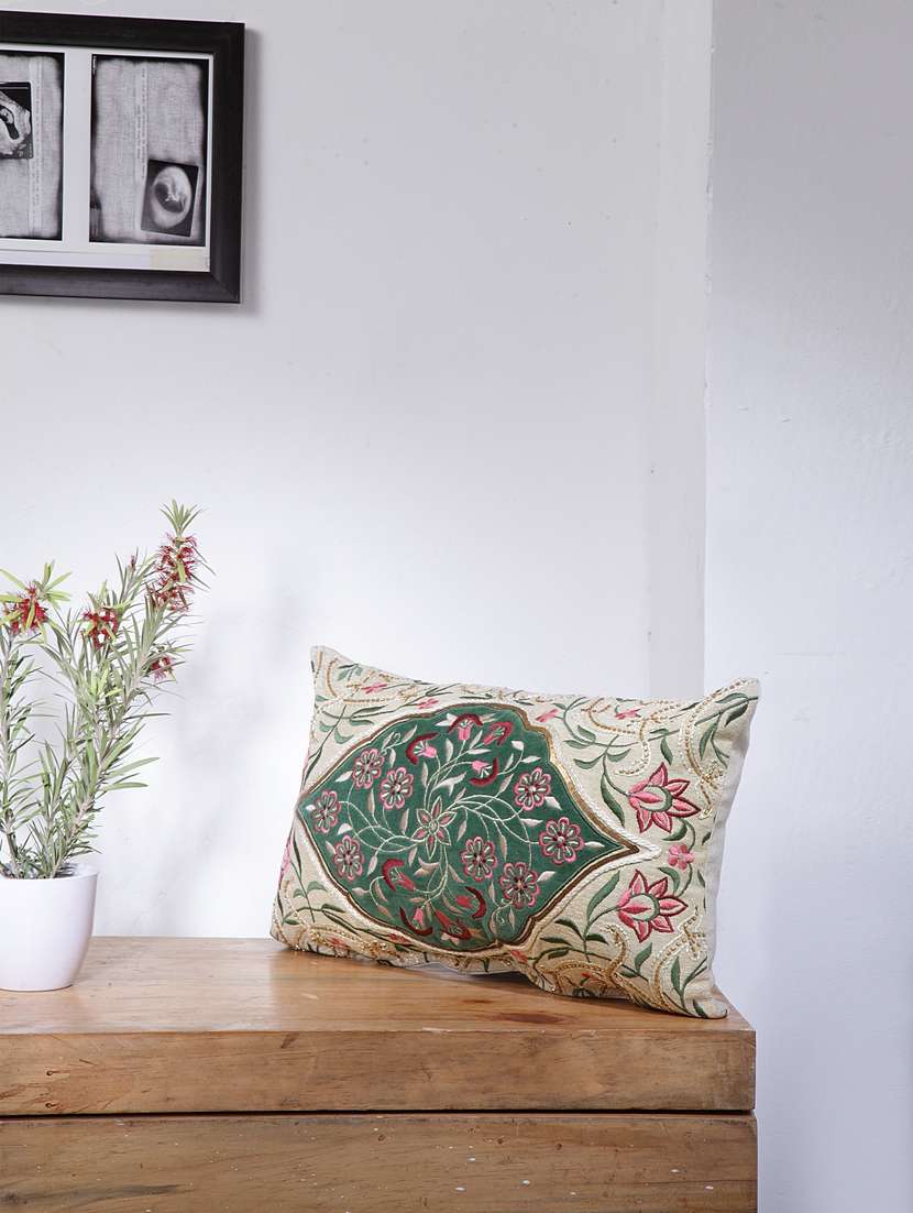 blanc9 chambray sequin embroidered rectangle cotton cushion cover 12x20inches