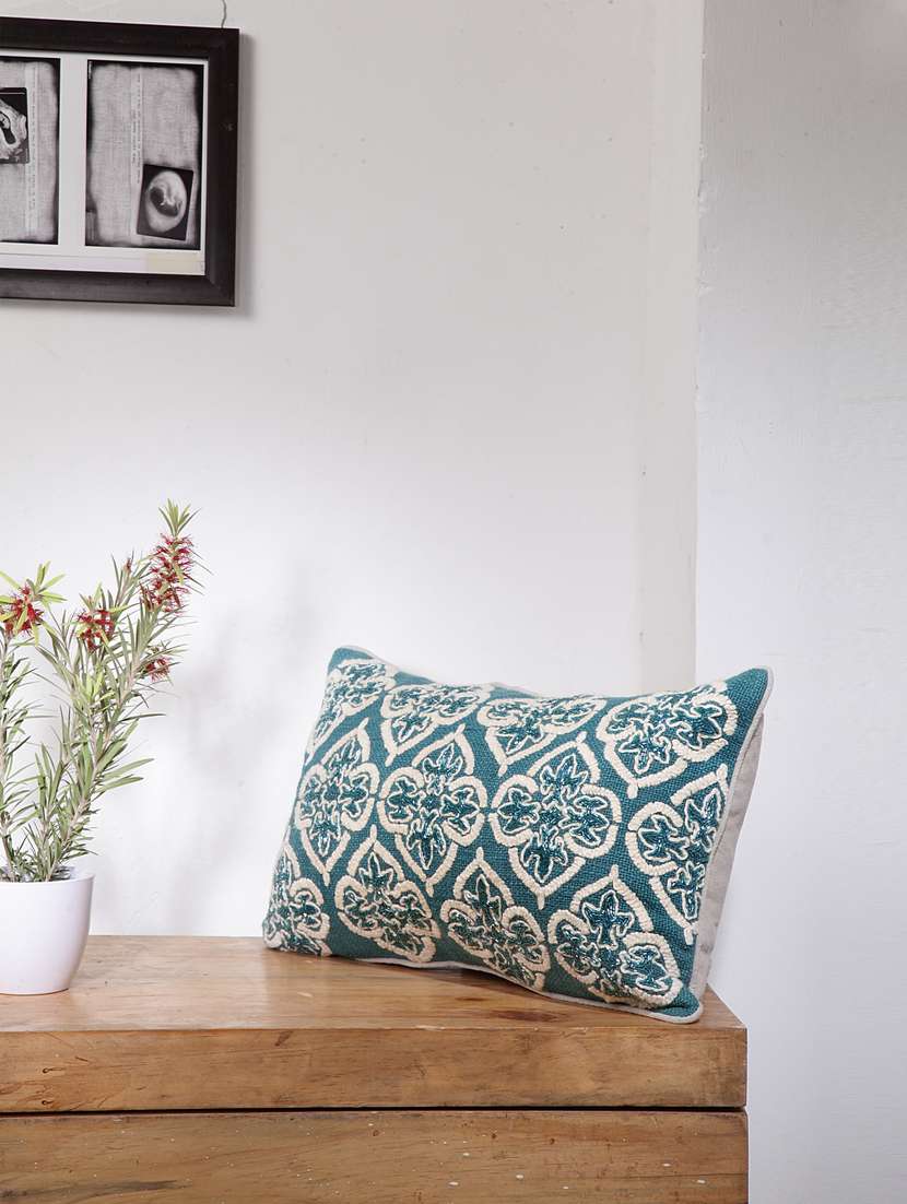 blanc9 ogee peacock blue embellished cotton rectangle cushion cover 12x20inches