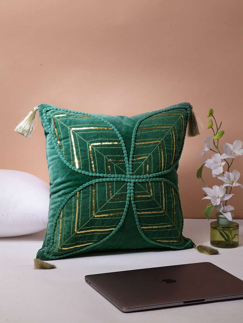 blanc9 green pallav embroidered cotton square cushion cover 16 x16 inches