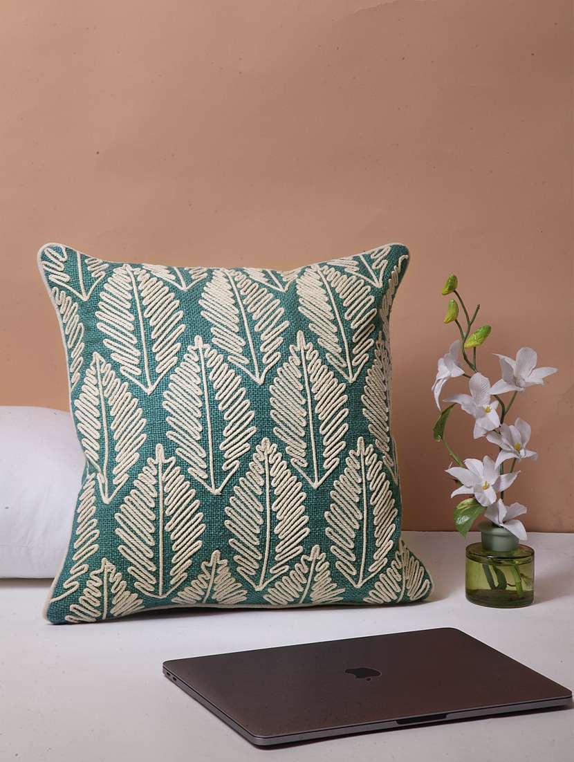 blanc9 blue fern embroidered square cushion cover 16 x16 inches