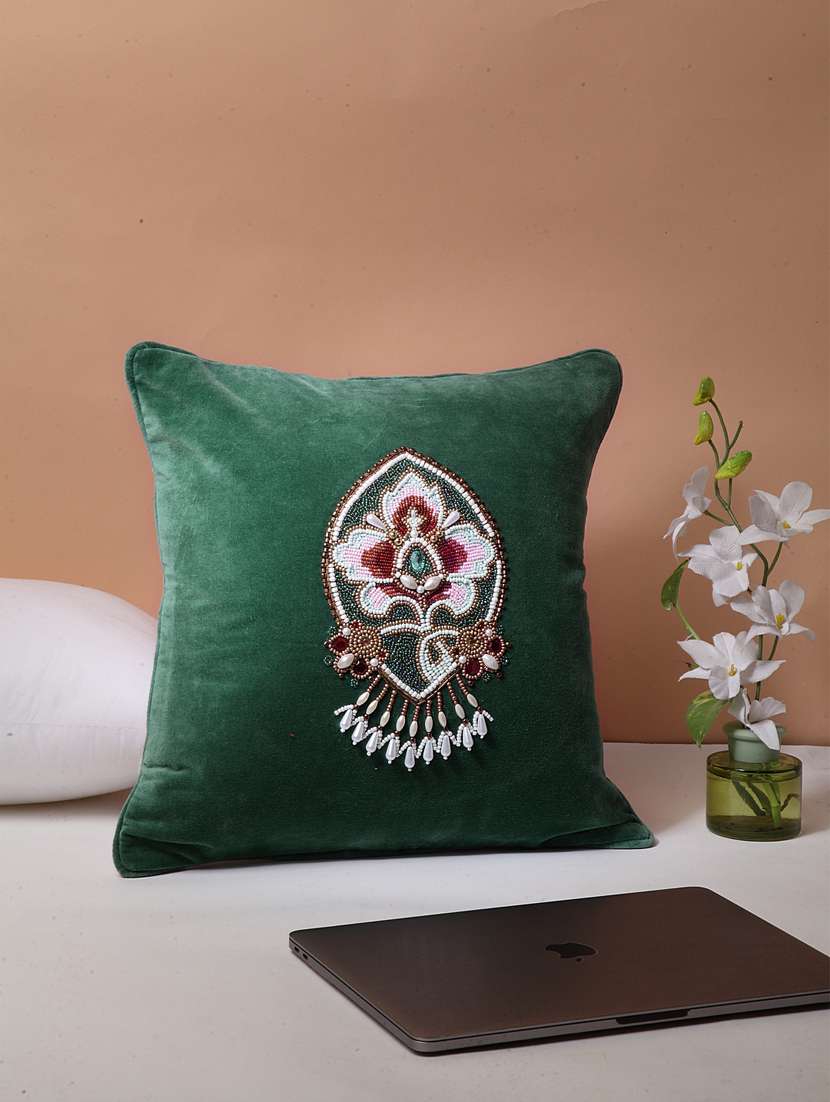 blanc9  green embellished cotton cushion cover with zip closure 16 x16 inches