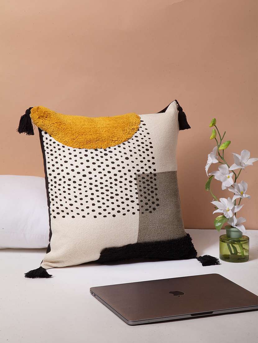 blanc9 black cotton  polka-dot printed cushion cover with tassels 16 x16 inches