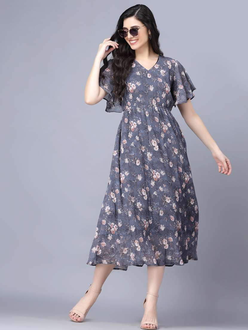 flute sleeved printed fit & flare dress