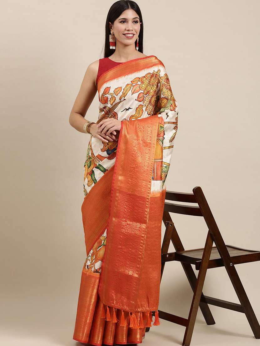 contrast border printed woven saree  with blouse