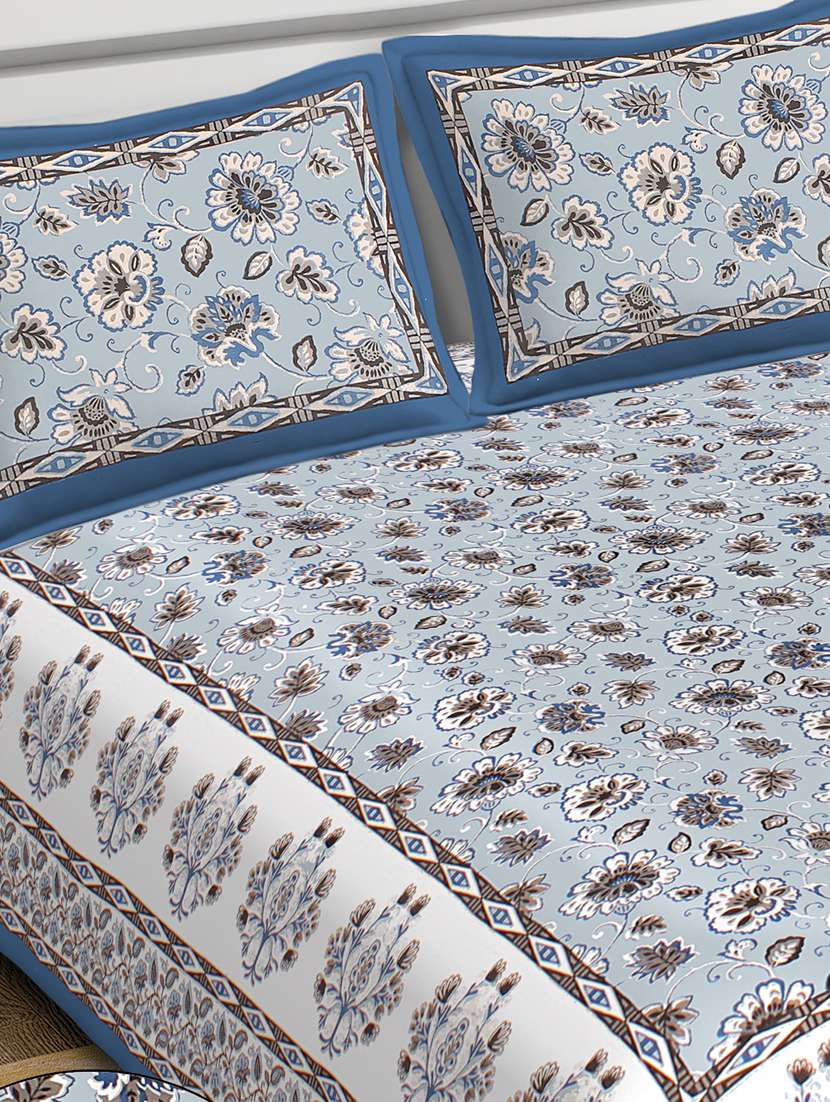 ikkat border printed 100% cotton pigment double bedsheet with pillow-blue colour - 18477191 - Standard Image - 2