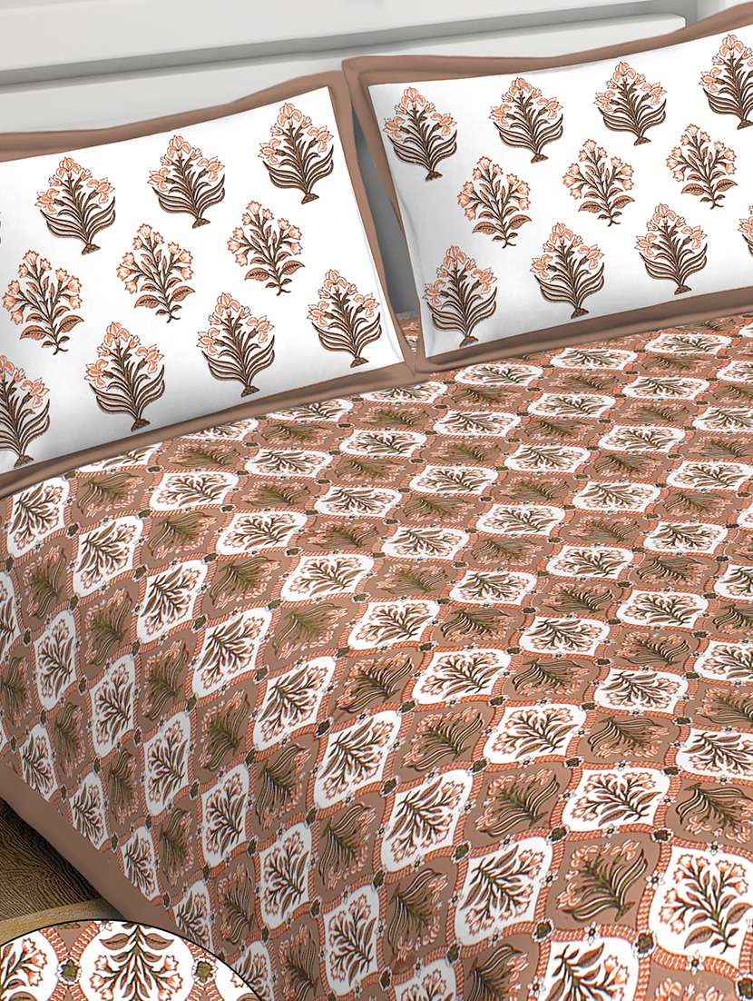 motifs printed 100% cotton pigment double bedsheet with pillow-brown colour - 18477207 - Standard Image - 2