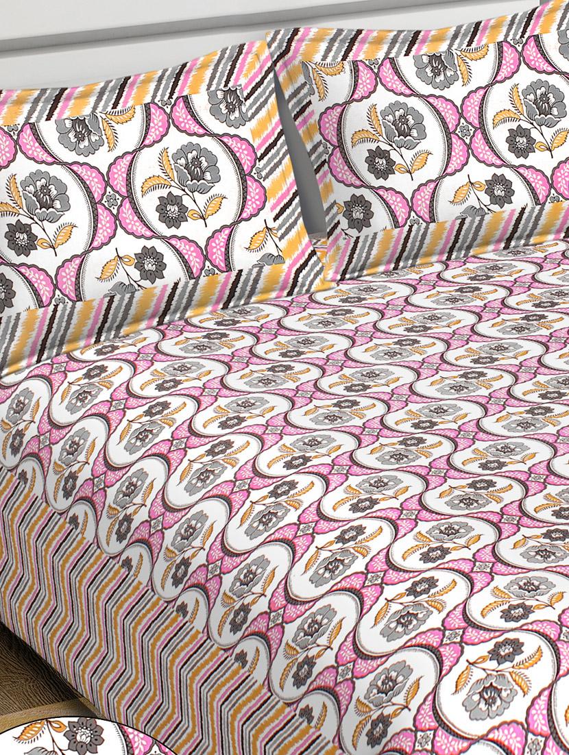 zigzag flower printed 100% cotton pigment double bedsheet with pillow covers - 18477212 - Standard Image - 2