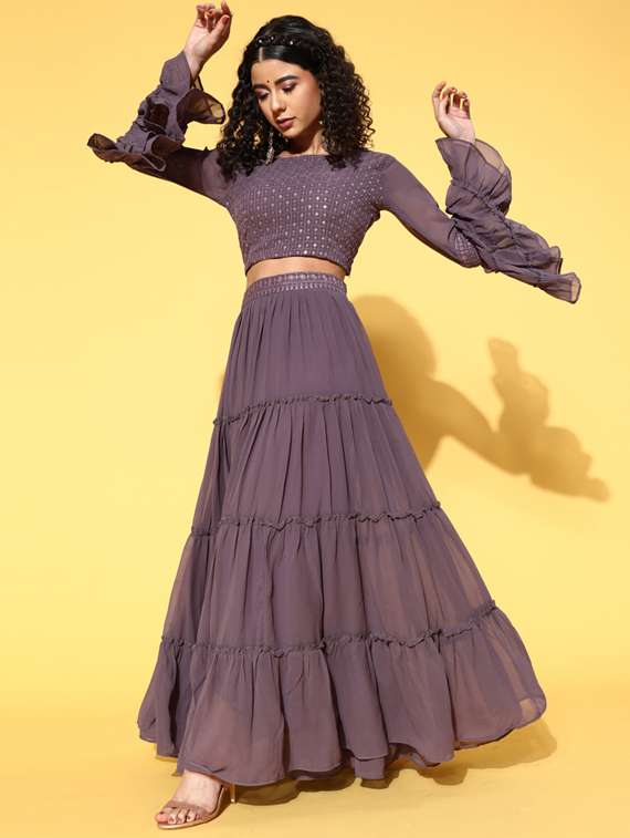 sequence embroidered flared lehenga choli with dupatta