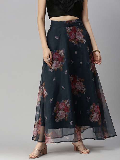 navy-blue floral printed flared skirt - 18478990 -  Standard Image - 0