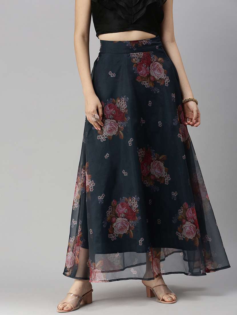 navy-blue floral printed flared skirt - 18478990 -  Zoom Image - 0