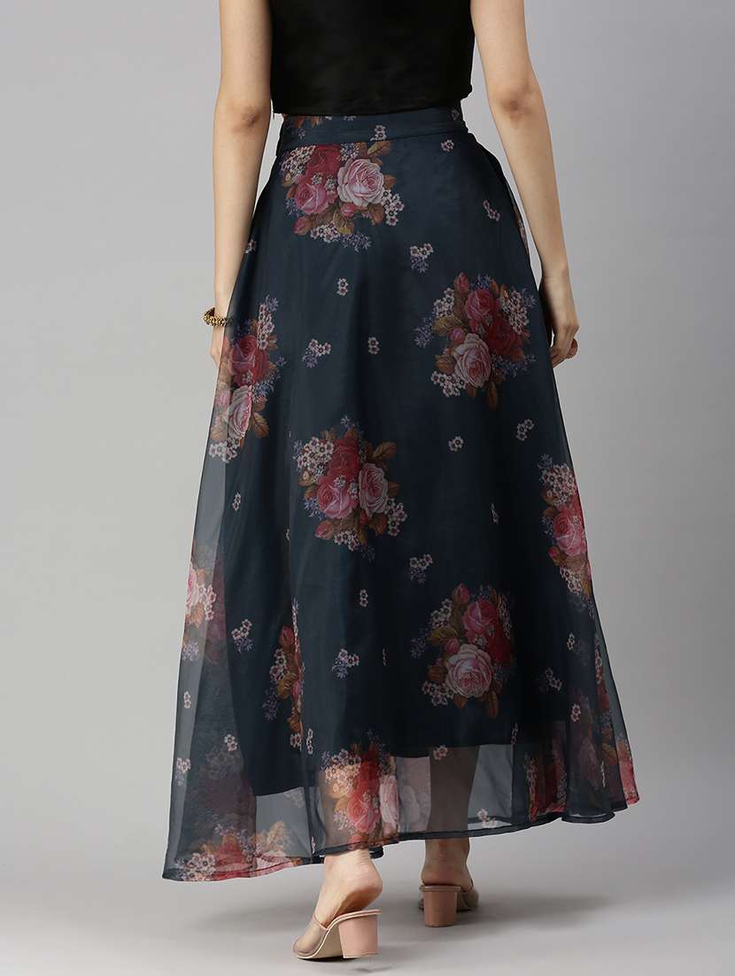 navy-blue floral printed flared skirt - 18478990 - Standard Image - 2