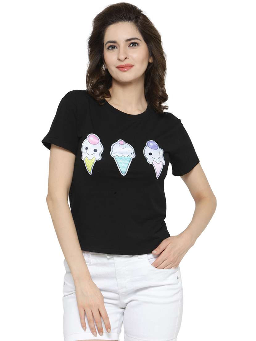 women's chest print round neck t-shirt