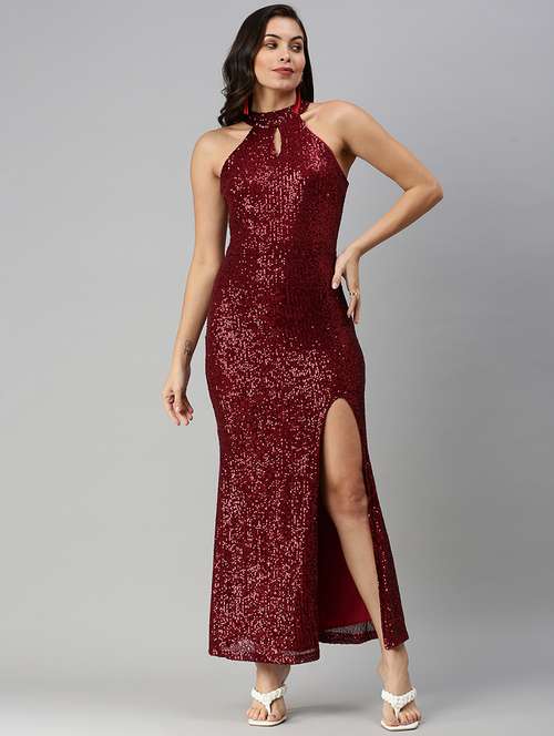 halter neck high slit bodycon dress - 18480255 - Standard Image - 0