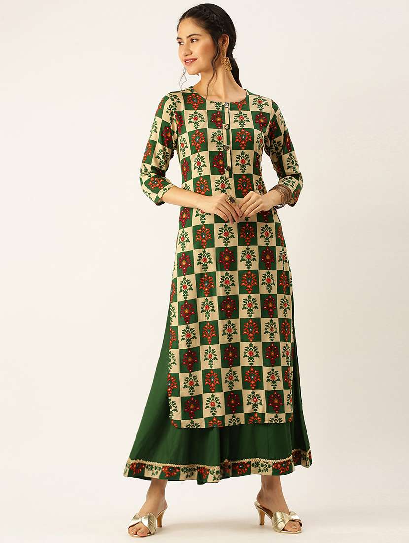 women printed round neck kurta palazzo set