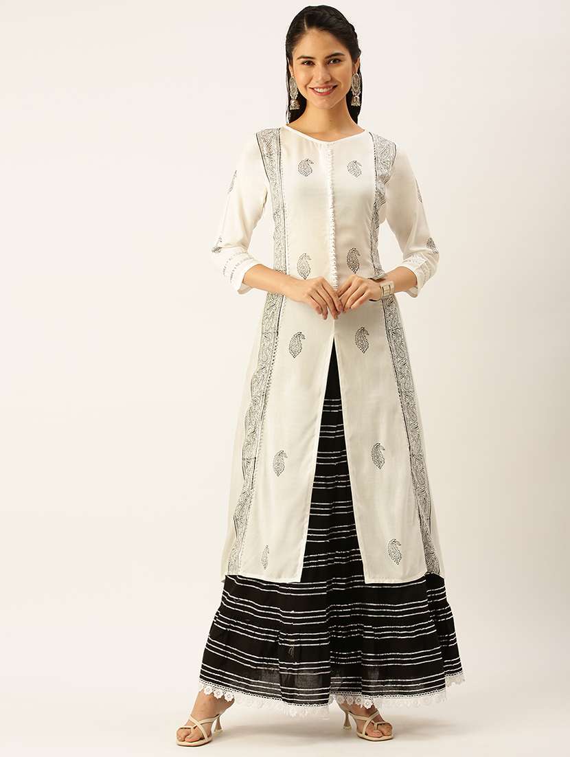 women paisley printed v neck kurta skirt set