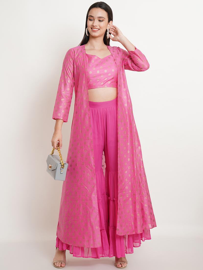 foil printed top & sharara with jacket set