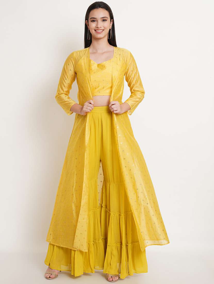 yellow top & sharara with jacket set