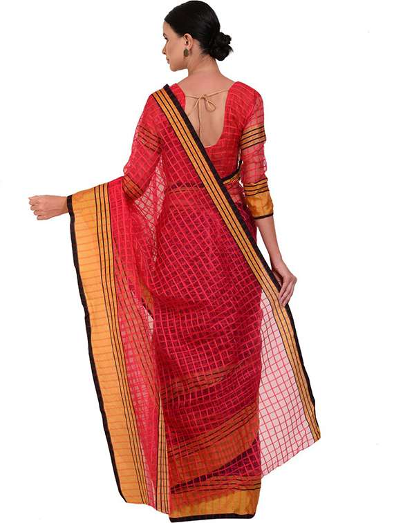 women's checks orange colored saree with blouse - 18482461 -  Standard Image - 2