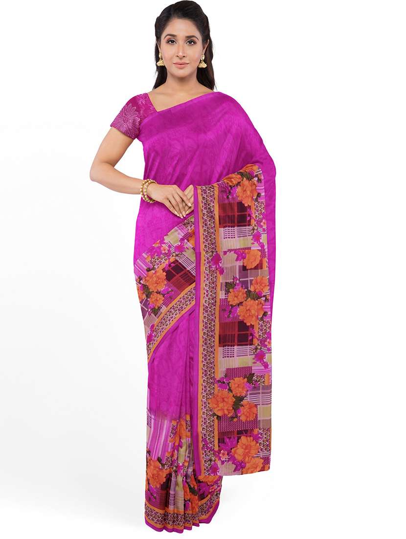 women's floral pink colored saree with blouse