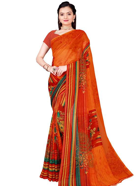 women's stripes orange colored saree with blouse - 18484865 - Zoom Image - 0