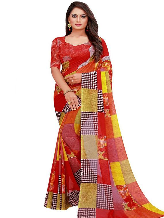 women's checks red colored saree with blouse - 18484866 -  Zoom Image - 0