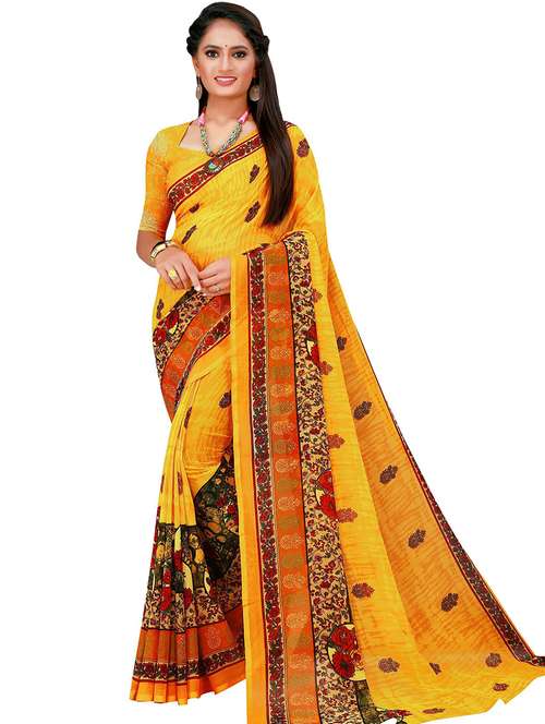 Women's Printed Yellow Colored Saree With Blouse