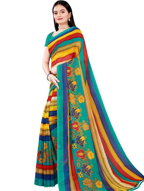 women's stripes multi colored saree with blouse - 18485048 -  Standard Image - 0