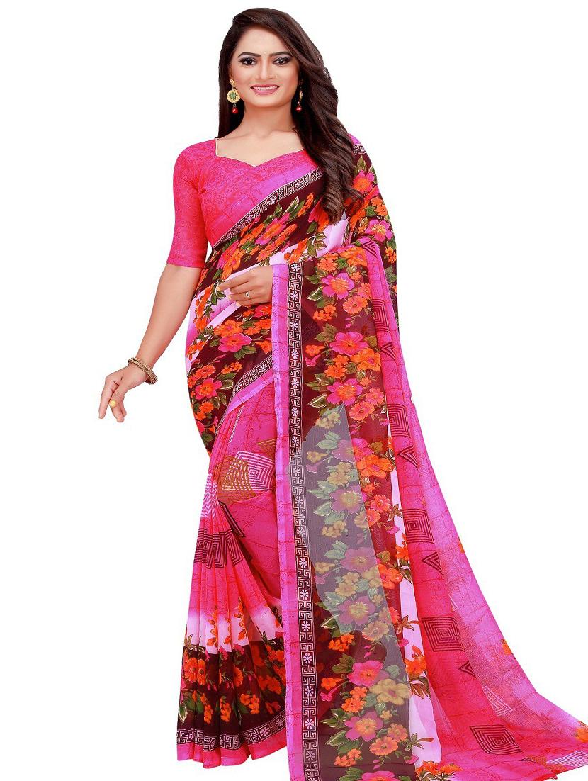 women's floral pink colored saree with blouse - 18485129 -  Zoom Image - 0