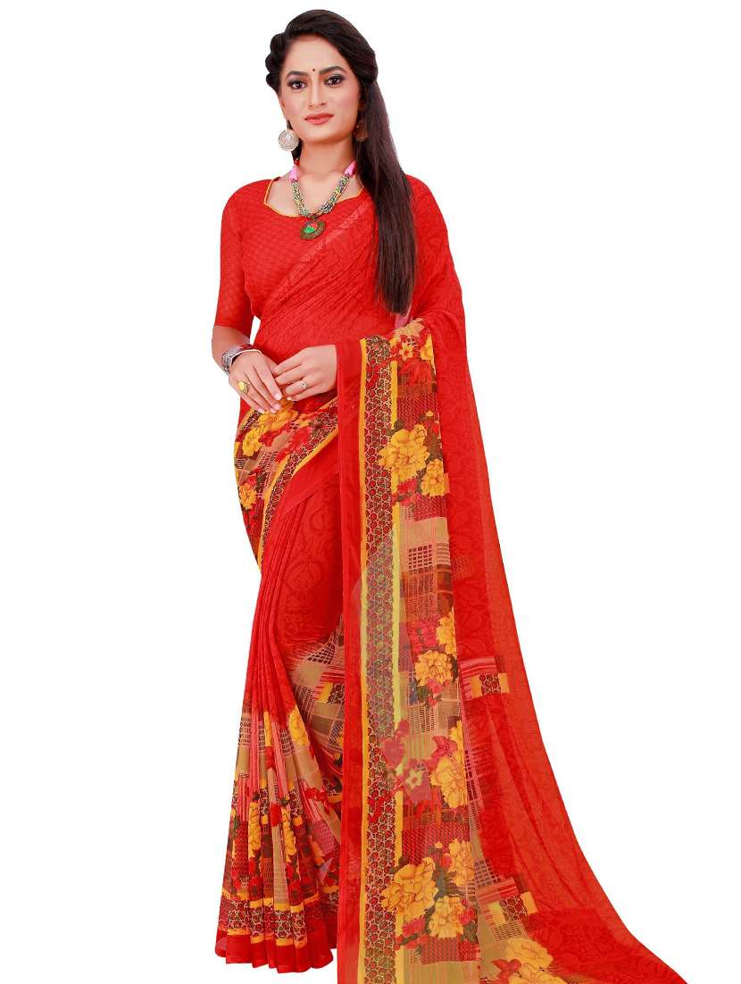 women's floral red colored saree with blouse