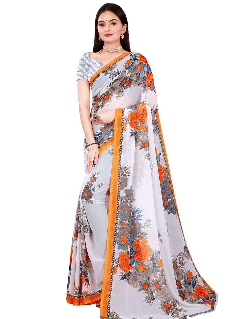 women's floral orange colored saree with blouse - 18485789 - Zoom Image - 0