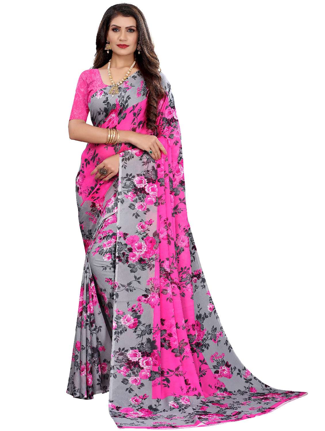 women's floral pink colored saree with blouse