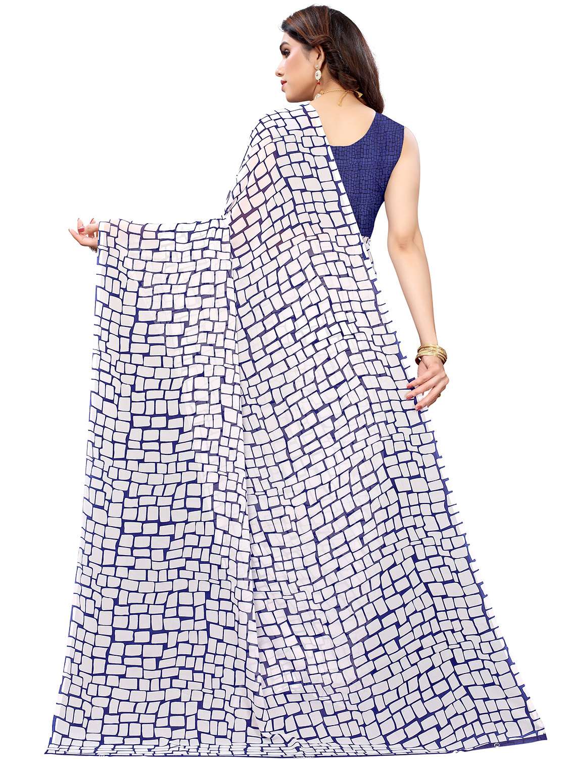 women's printed navy blue colored saree with blouse - 18487924 -  Standard Image - 2