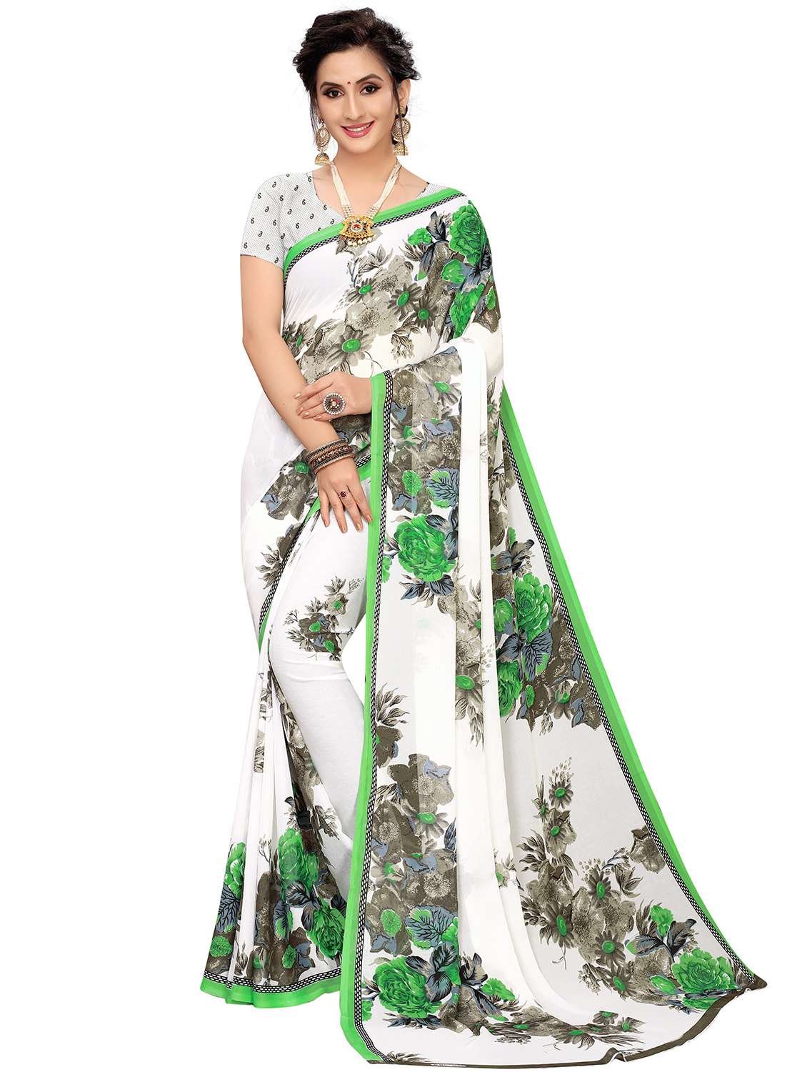 women's printed green colored saree with blouse