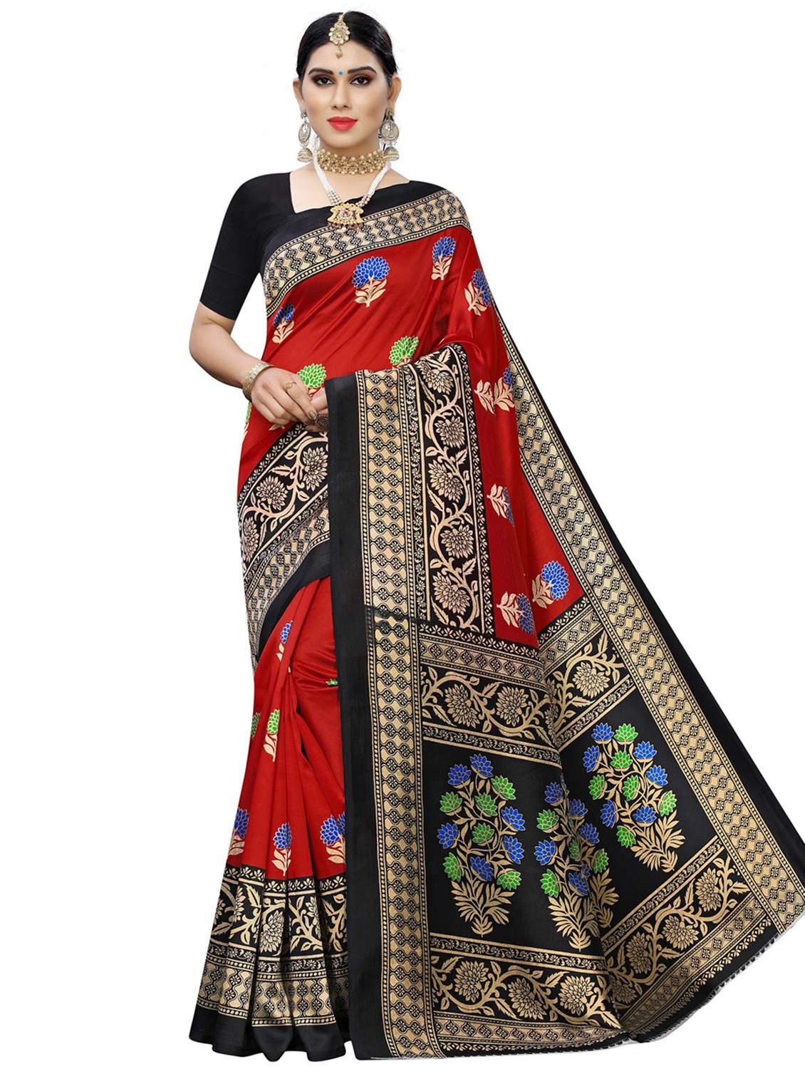 women's floral red colored saree with blouse