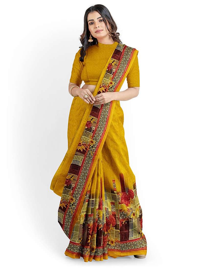 women's floral mustard colored saree with blouse